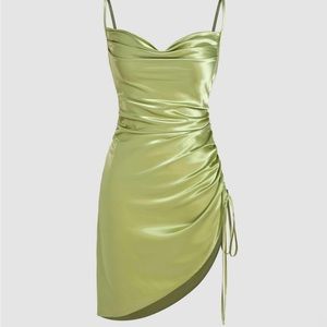 Satin Ruched Cowl Neck Mini Dress